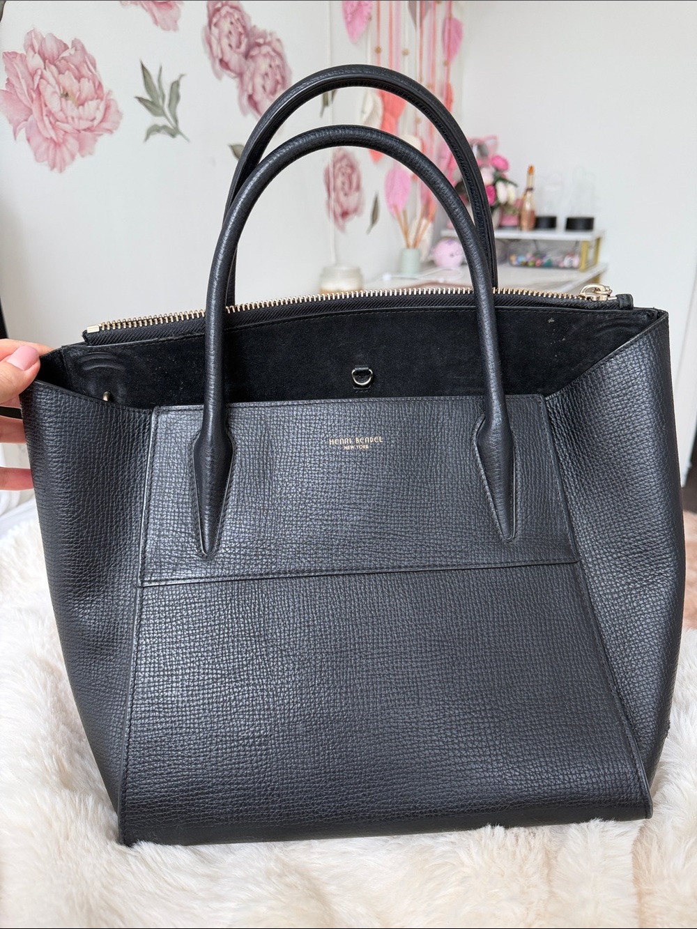 Henri Bendel Black Textured Leather Tote with Dual Top Handles